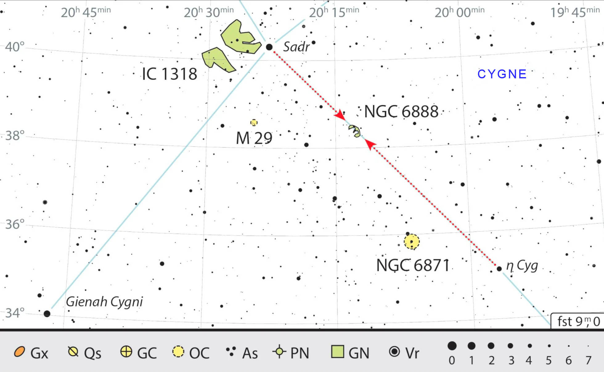 On trouve la nébuleuse du Croissant à environ un tiers de la distance séparant Sadr (γ Cyg) de η Cyg. J. Scholten